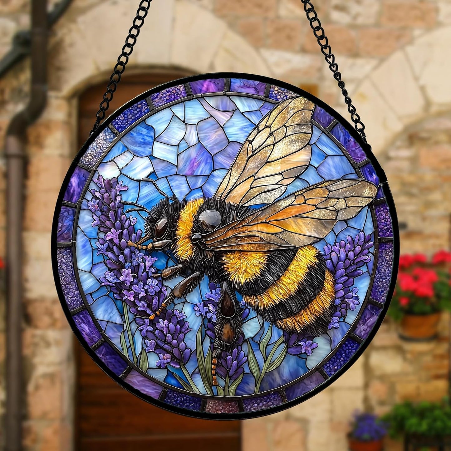 Stained Glass Window Hanging, Bee Lavender Sun Catchers Diamond Glass Panel Hangings Insect Suncatcher Decor for Birthday for Women, Men, Wife, Aunt, and Mom7.8 in