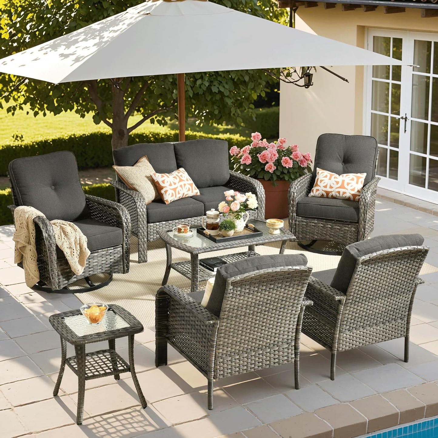 ovios 7 Pieces Patio Furniture Set, Outdoor Wicker Sofa with Swivel Chairs, Coffee Table, All Weather High Back Rattan Loveseat Couch with Comfy Cushions, Black
