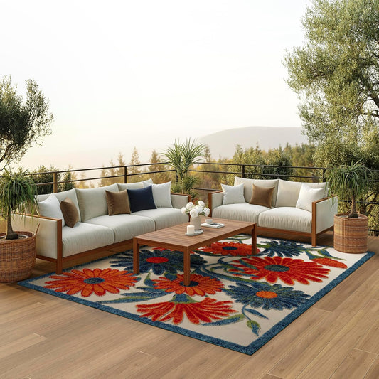 Nourison Home Aloha Indoor/Outdoor Ivory Multicolor 9' x 12' Area Rug, Easy Cleaning, Non-Shedding, Bed Room, Living Room, Dining Room, Backyard, Deck, Patio (9x12)