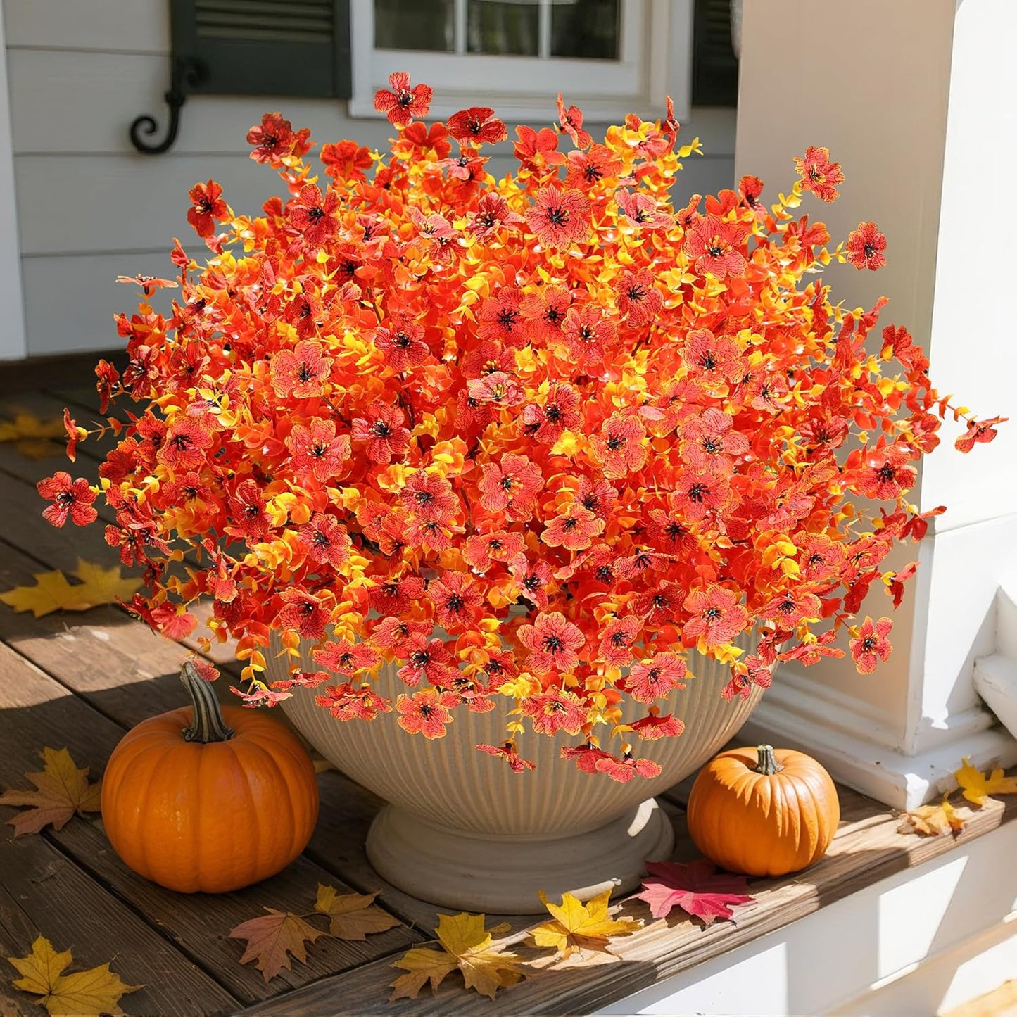 Artificial Fall Flowers Faux Mums for Outdoor Indoor Garden Home Decoration, Faux Flower Daisy with Eucalyptus Leaves Fake Plants Greenery Boxwood Porch Patio, 12 Bundles (Sunset)