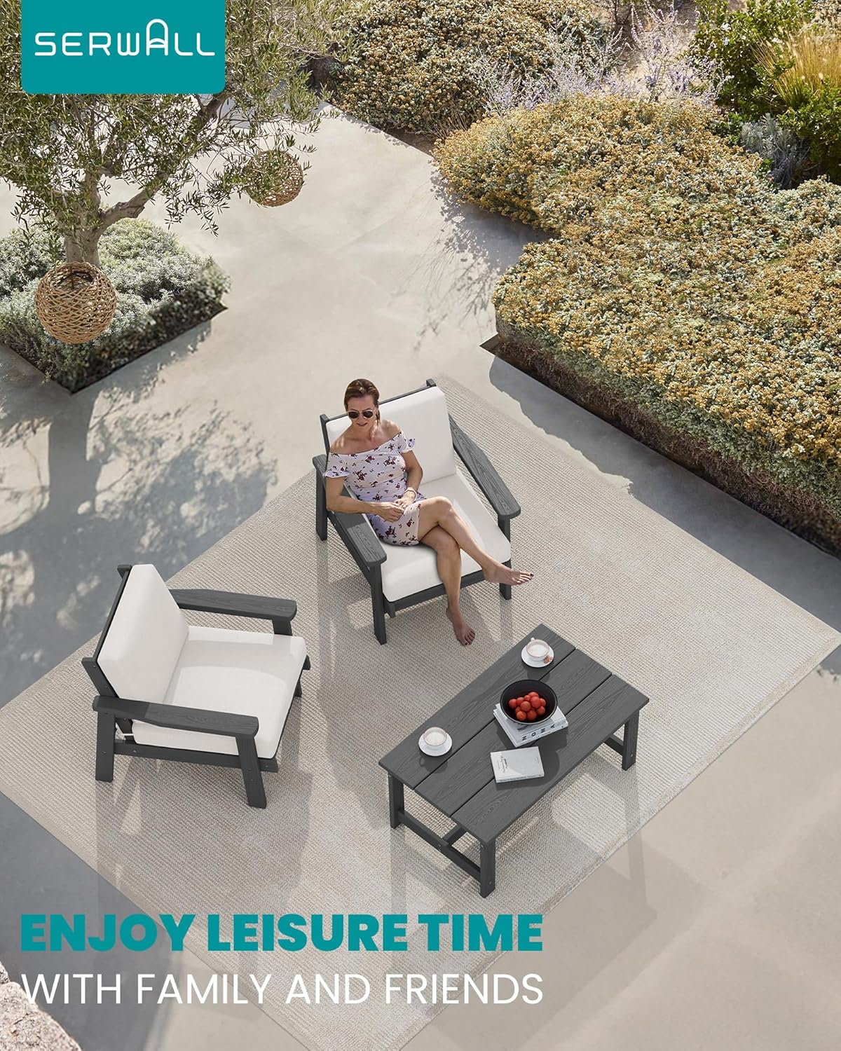 SERWALL HDPE Outdoor Couch Set of 2, All-Weather Wood-Like Outdoor Patio Furniture Set, Patio Sofa Chairs with Khaki Cushions