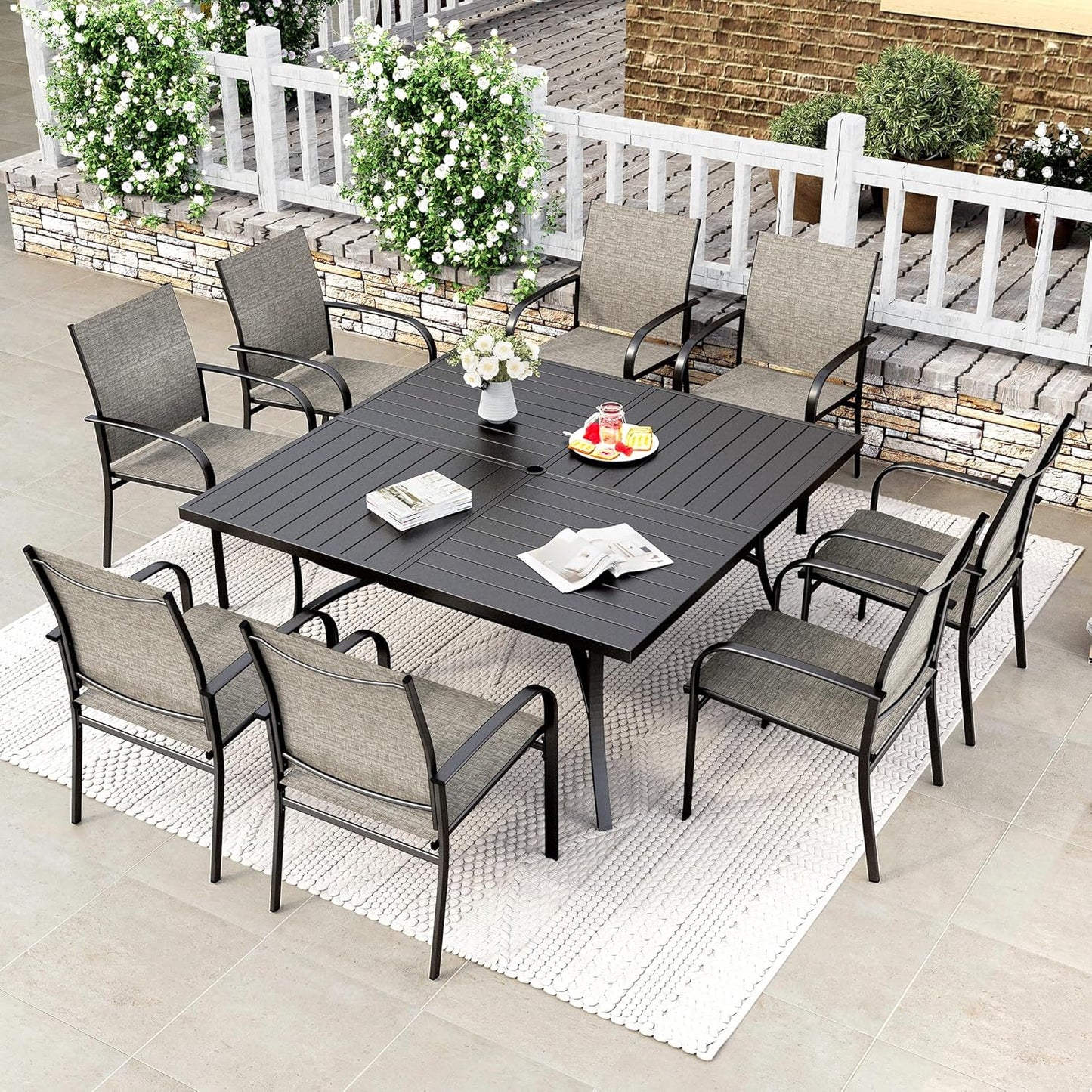 HERA'S HOUSE 9 Pieces Patio Dining Set, Outdoor Table and Chairs Set for 8, 8 x Brown Textilene Dining Chair and 60" Square Metal Dining Table, Outdoor Dining Sets for Lawn Garden Backyard Deck