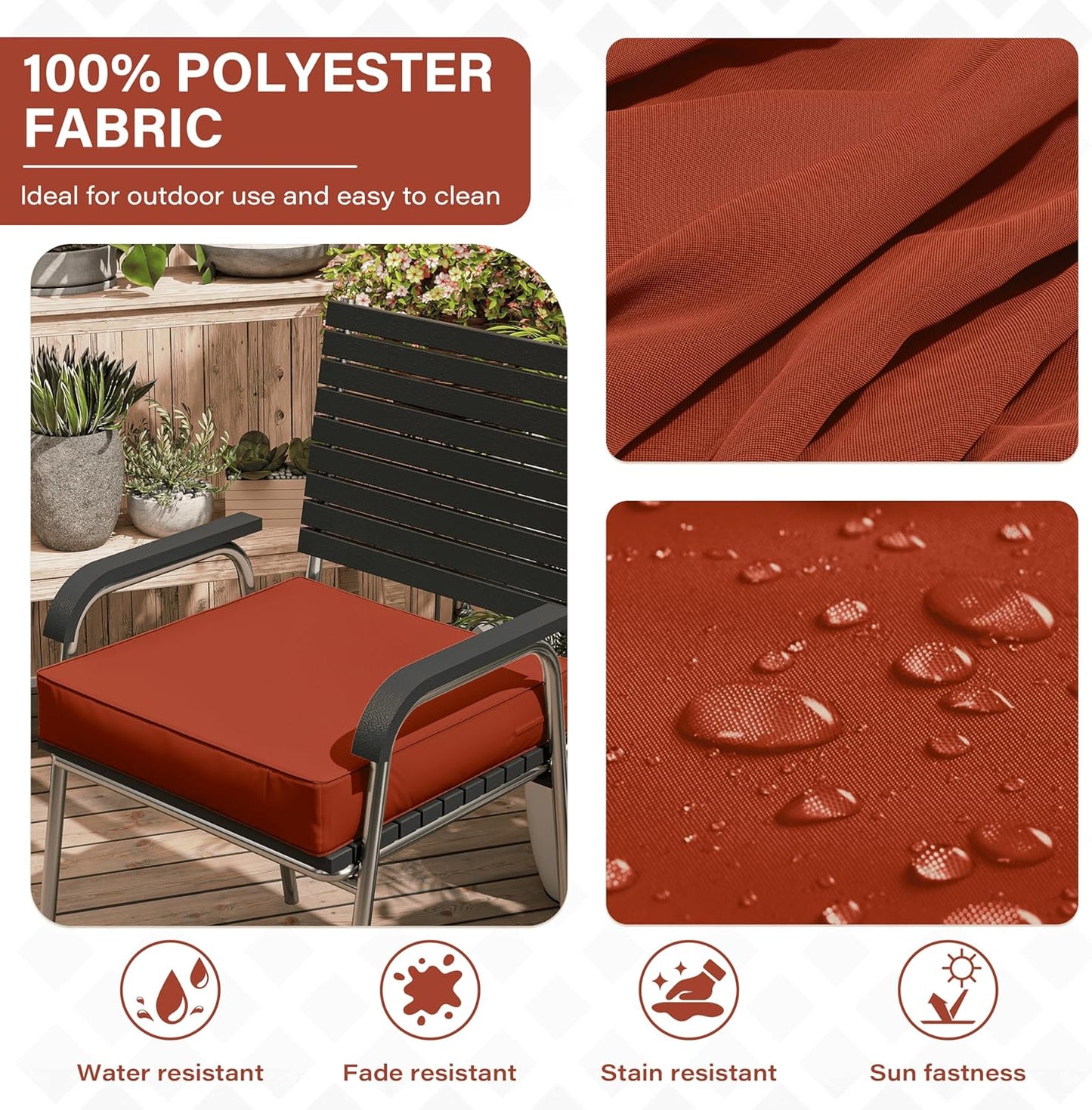 Patio Chair Cushions 19 X 19 X 4 Inch Waterproof Outdoor Seat Cushions for Patio Furniture, Outdoor Sofa Couch Pads with Ties & Handle, Set of 2, Terra Red