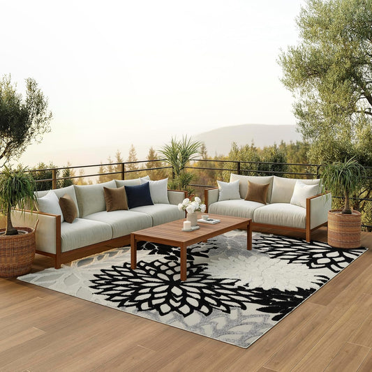 Nourison Aloha Indoor/Outdoor Black White 9' x 12' Area Rug, Tropical, Botanical, Easy Cleaning, Non Shedding, Bed Room, Living Room, Dining Room, Deck, Backyard, Patio (9x12)