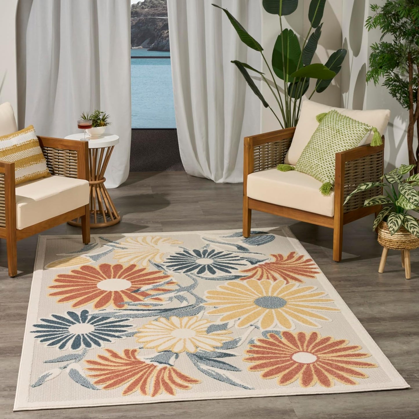 Nourison Aloha Ivory Rose 5'3" x 7'5" Area Rug - Easy Clean, Non Shedding, Bed Room, Living Room, Dining Room, Kitchen (5' x 8')