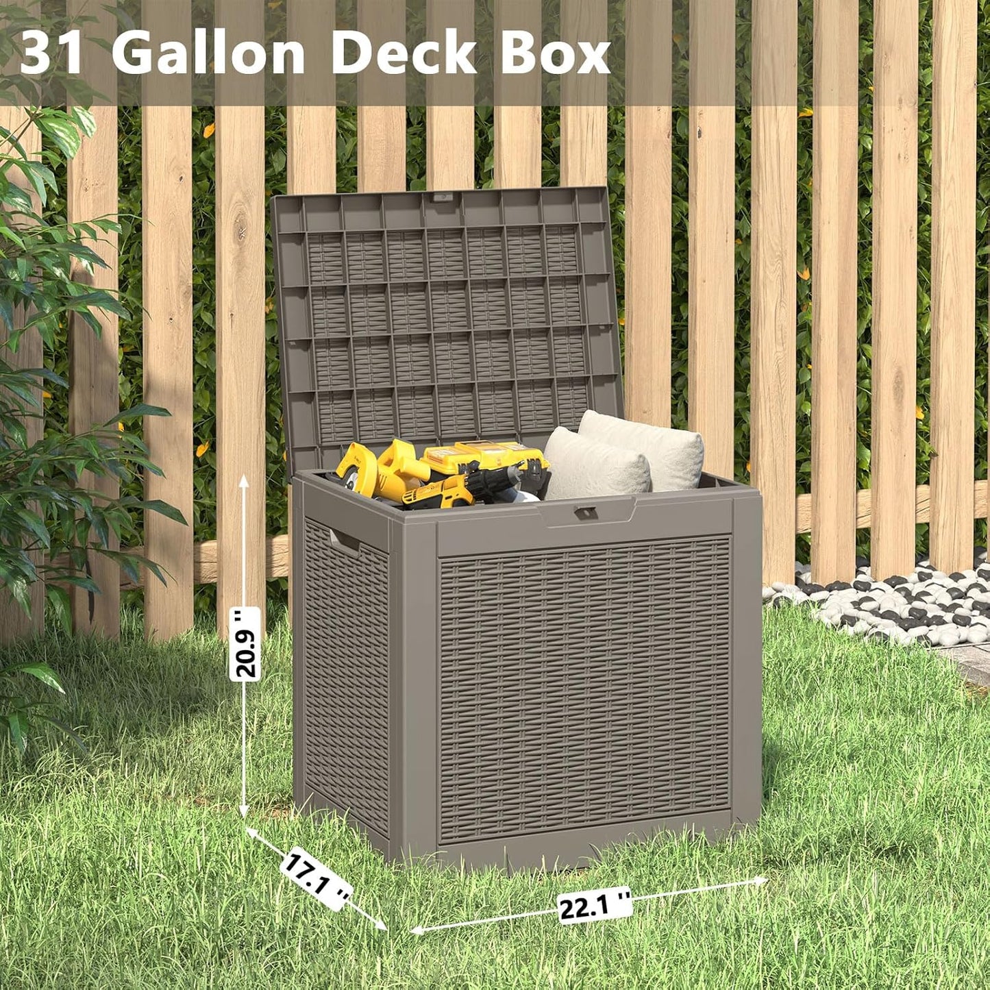 KAMABOKO 30 Gallon Outdoor Storage Box, Resin Deck Boxes Indoor and outdoor, Waterproof Storage Box Lockable Lid for Garden Tools, Package Delivery, Pool Supplies, Patio Cushions, Grey