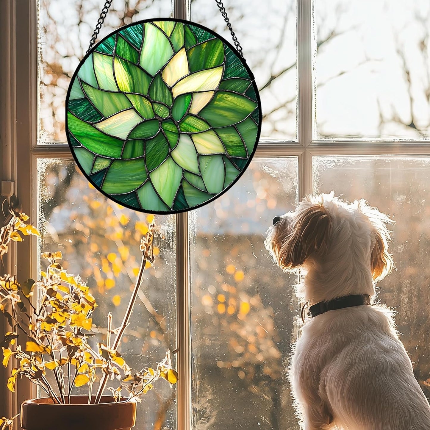 Stained Glass Window Hanging - Green Plants Suncatcher for Doors Garden Patio Flowers Sun Catchers Decor Christmas Mother's Day Birthday Gifts for Women Men Mom Nana Friend 11.8 in