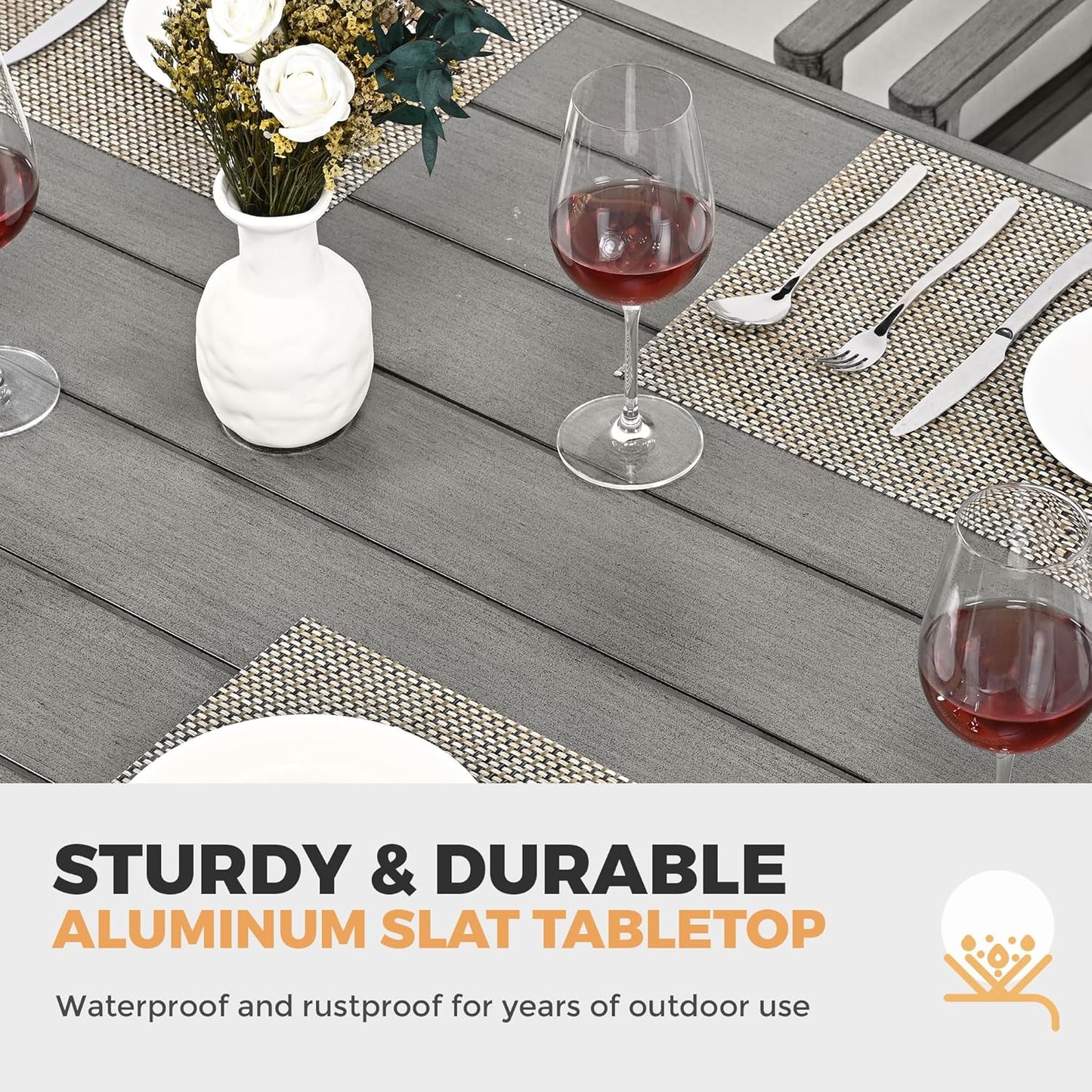 HAPPATIO Patio Dining Table for 6, Large Rectangle 60"×36.2", Patio Aluminum Slat Dining Table with 2.2" Umbrella Hole, All Weather Outdoor Table for Lawn, Garden and Poolside