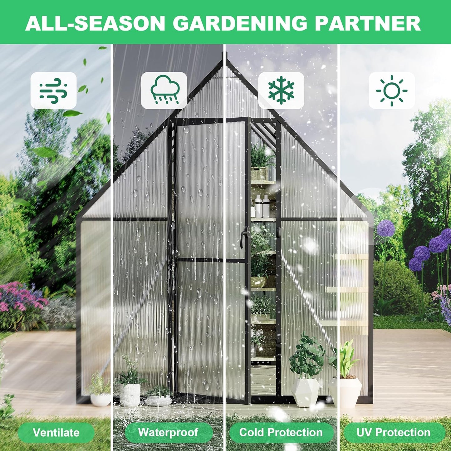 6x11FT Aluminum Large Walk-in Greenhouses for Outside, Polycarbonate Greenhouse with Aluminum Frame, Greenhouse with Ventilation and Rain Gutter, Polycarbonate Greenhouses for Outdoors