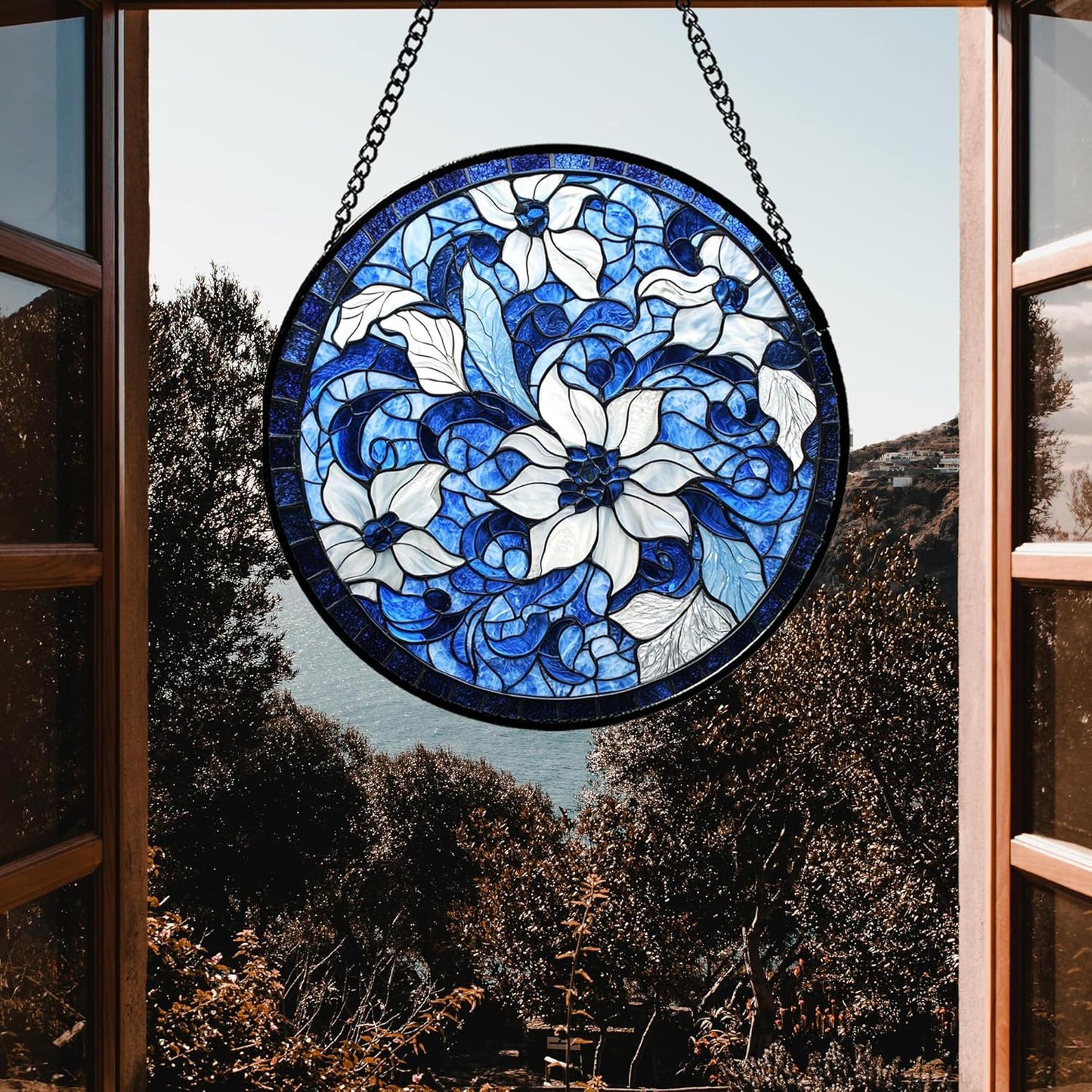 Stained Glass Window Hanging - Blue White Flowers Suncatcher for Doors Garden Patio Boho Style Sun Catchers Decor Christmas Mother's Day Birthday Gifts for Women Men Mom Nana Friend 11.8 in