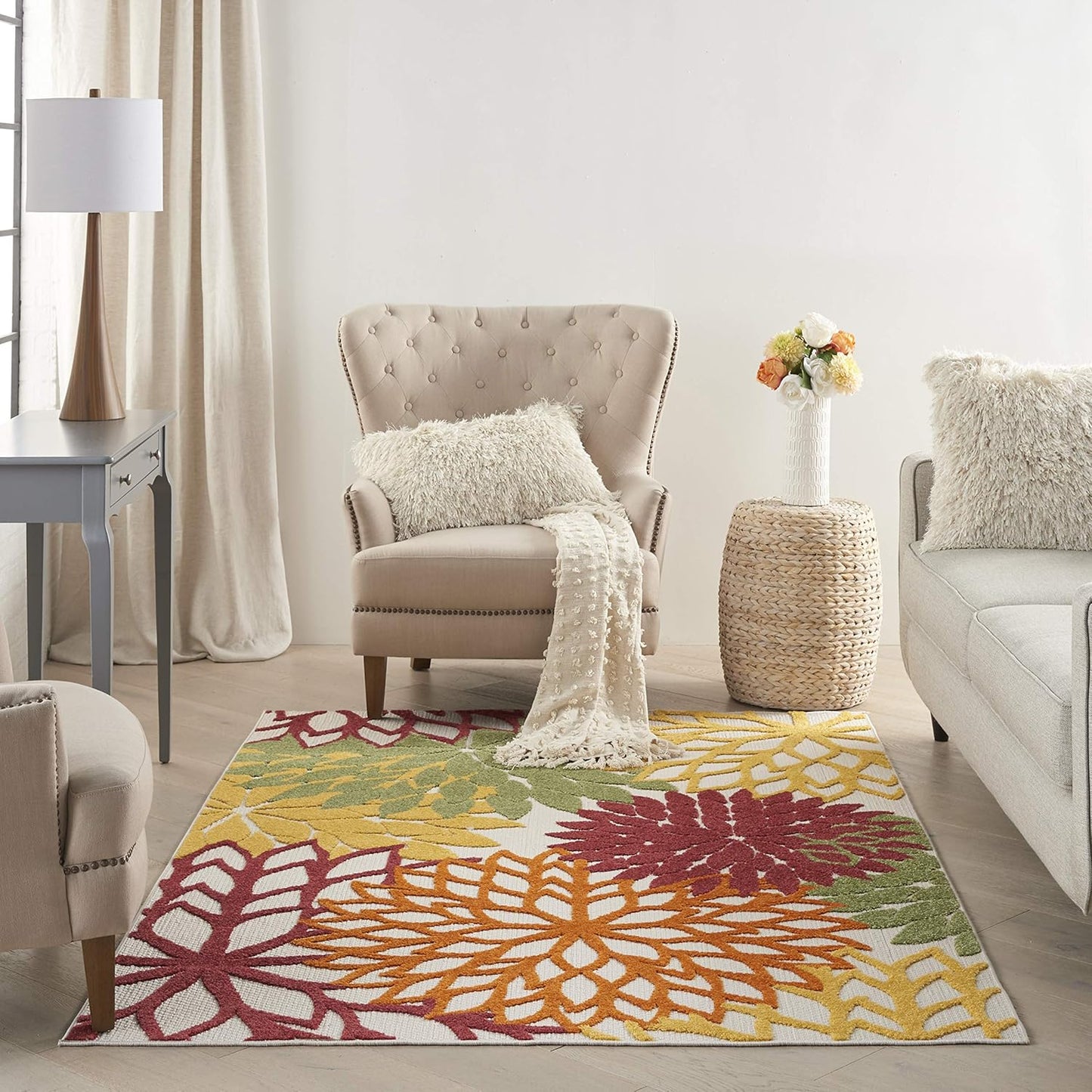 Nourison Aloha Indoor/Outdoor Red Multi Colored 3'6" x 5'6" Area Rug, Tropical, Botanical, Easy Cleaning, Non Shedding, Bed Room, Living Room, Dining Room, Deck, Backyard, Patio (3x5)