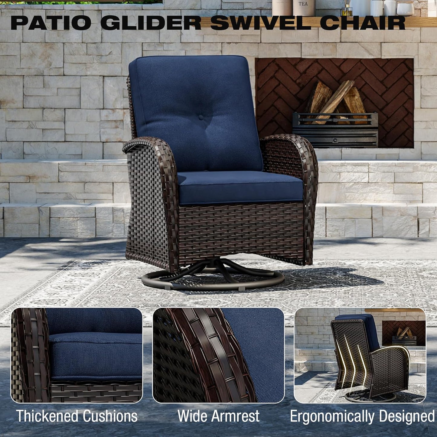 Joyside Outdoor Swivel Rocker Chairs, 3 Piece Wicker Patio Set with Thick Cushion and Side Table, Rattan Patio Swivel Rocking Chairs for Porch, Deck Use (Brown/Blue, 3 PCS)