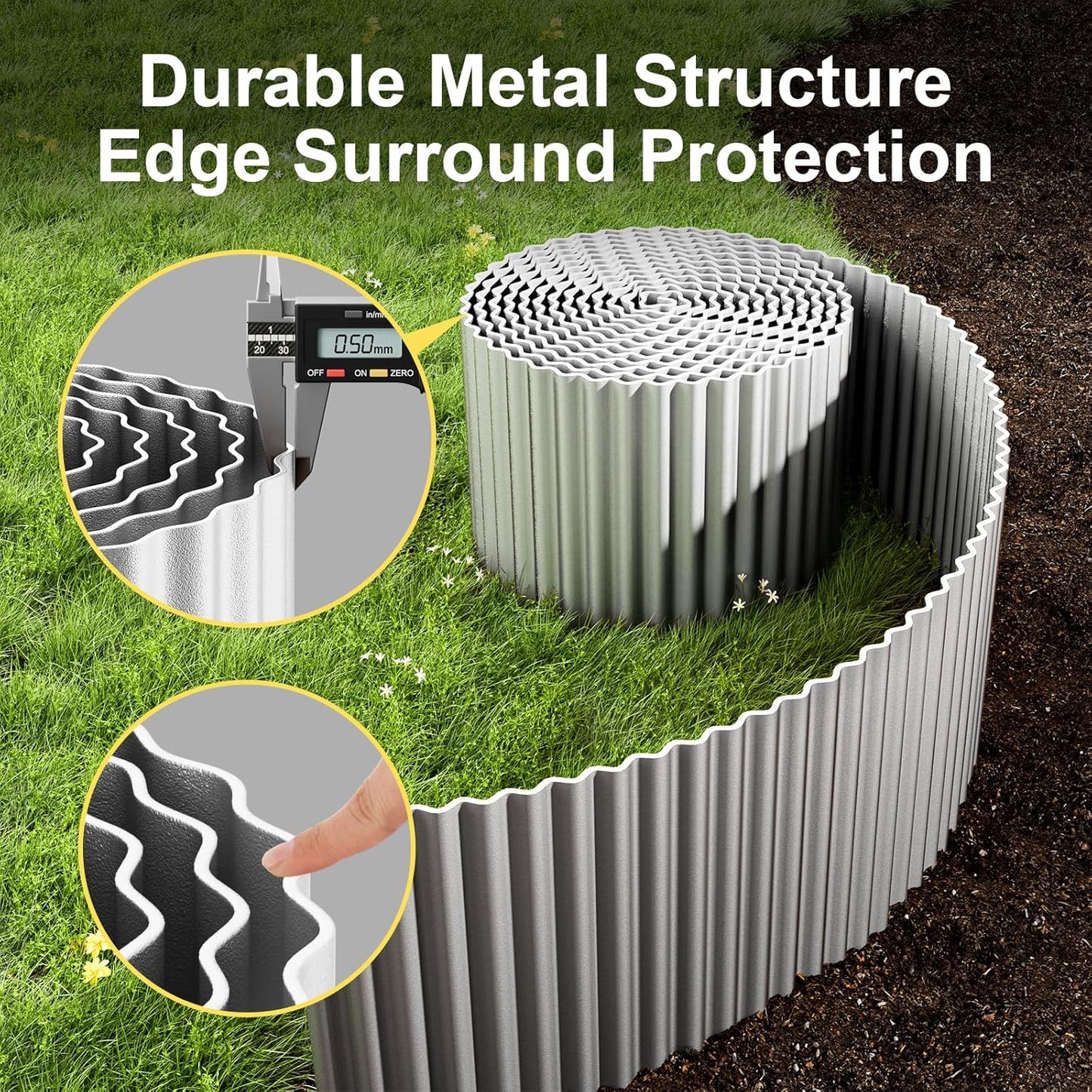 Land Guard Corrugated Garden Edging Border, 12" x 100' Landscape Paver Edging, Tall Landscape Edging, Fence for Garden, Flower Bed, Lawn and Landscape Edging (Silver)