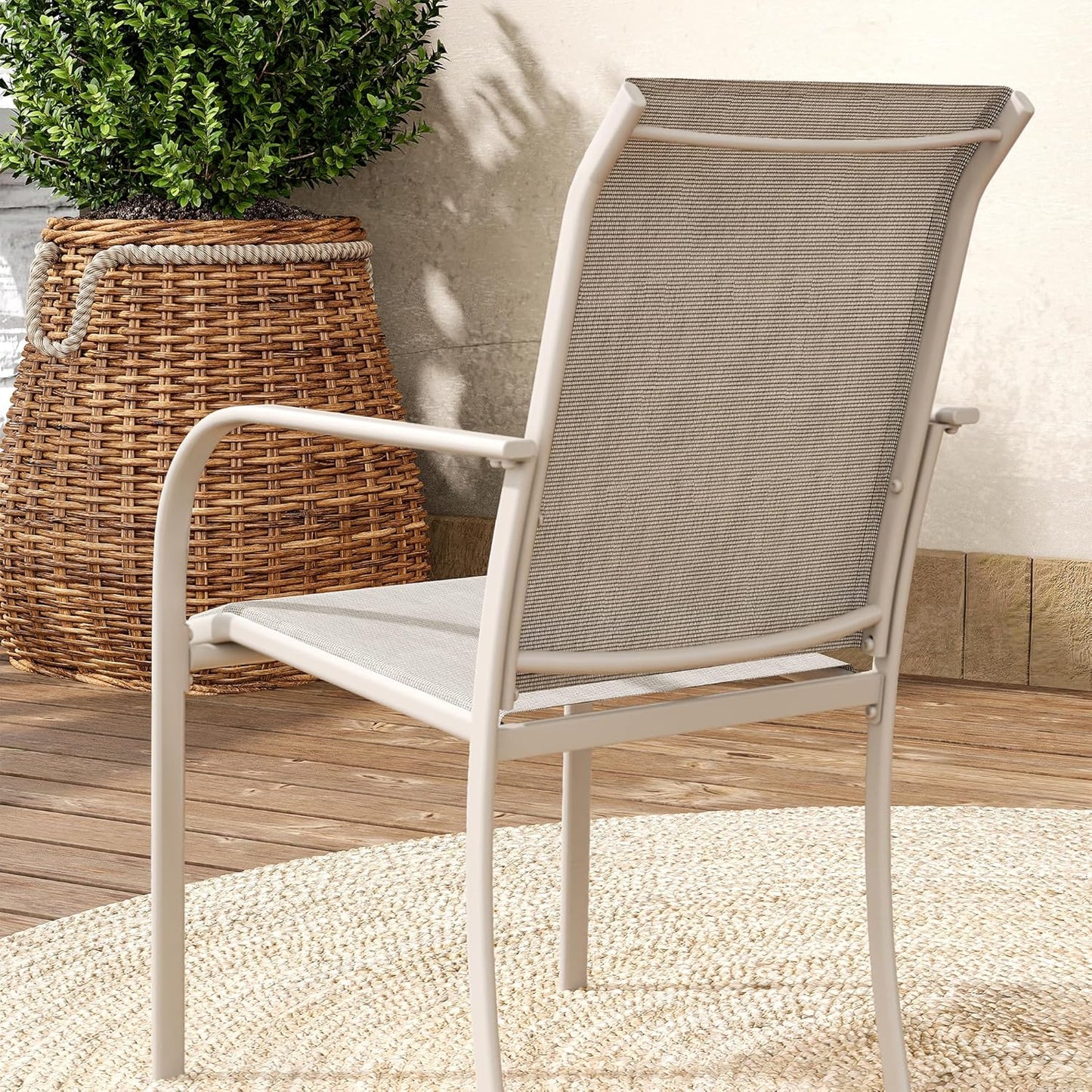 VICLLAX Patio Dining Set for 6, Outdoor Furniture Set Includes 63" Rectangle Patio Table and 6 Patio Sling Chairs, Outdoor Table and Chairs for Outsides, Sandshell Color Tabletop and Fabric