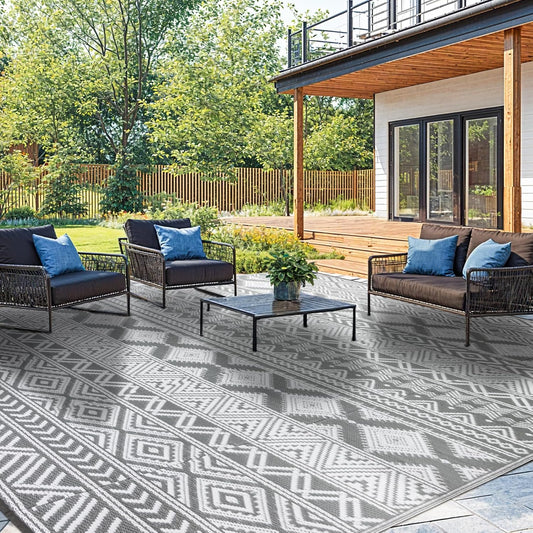 8'x10' Reversible Outdoor Rug - Eco-Friendly Plastic Straw Rug-Heavy-Duty Waterproof Mat, UV & Fade Resistant for Patio, Camping, RV, Deck, Balcony(8x10,Gray&White)