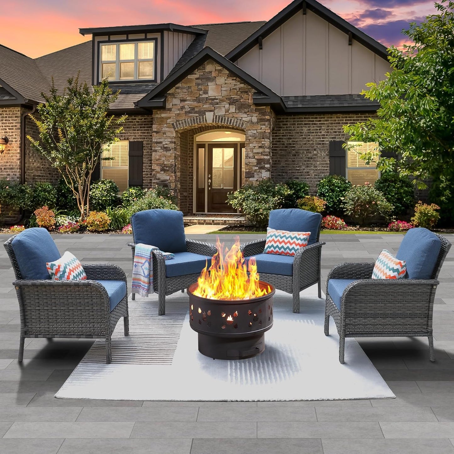 ovios 4 Pieces Patio Furniture Set with 25" Fire Pit, Outdoor Wicker Chairs of 4, All Weather High Back Rattan Chairs 4-Seater with Comfy Cushions, Denim Blue