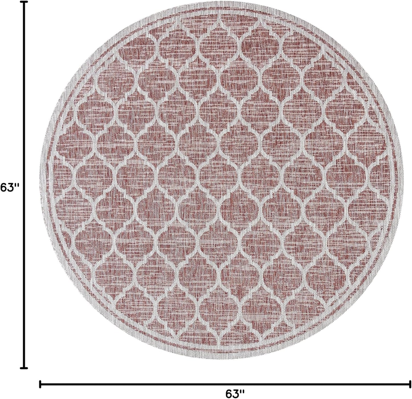 Eyely BMS109C-5R Santa Monica Trebol Moroccan Trellis Textured Weave Indoor/Outdoor Area Rug Coastal;Bohemian, Bedroom, Backyard, Patio, Easy-Cleaning, Non-Shedding, 5' Round, Red/Beige