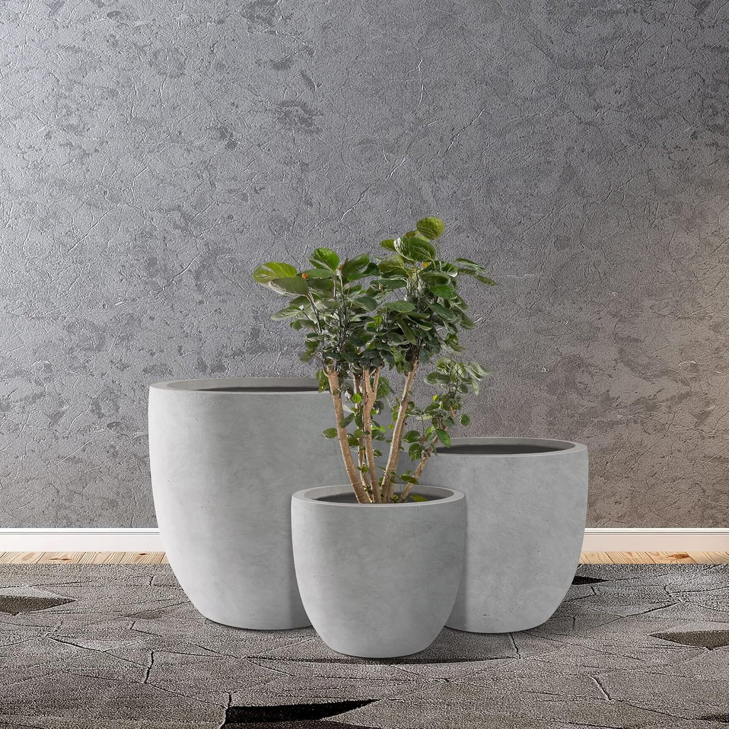 Kante 18",14",10" Dia Concrete Round Planters (Set of 3), Outdoor Indoor Large Planter Pots with Drainage Hole and Rubber Plug for Home Patio Garden, Natural Concrete