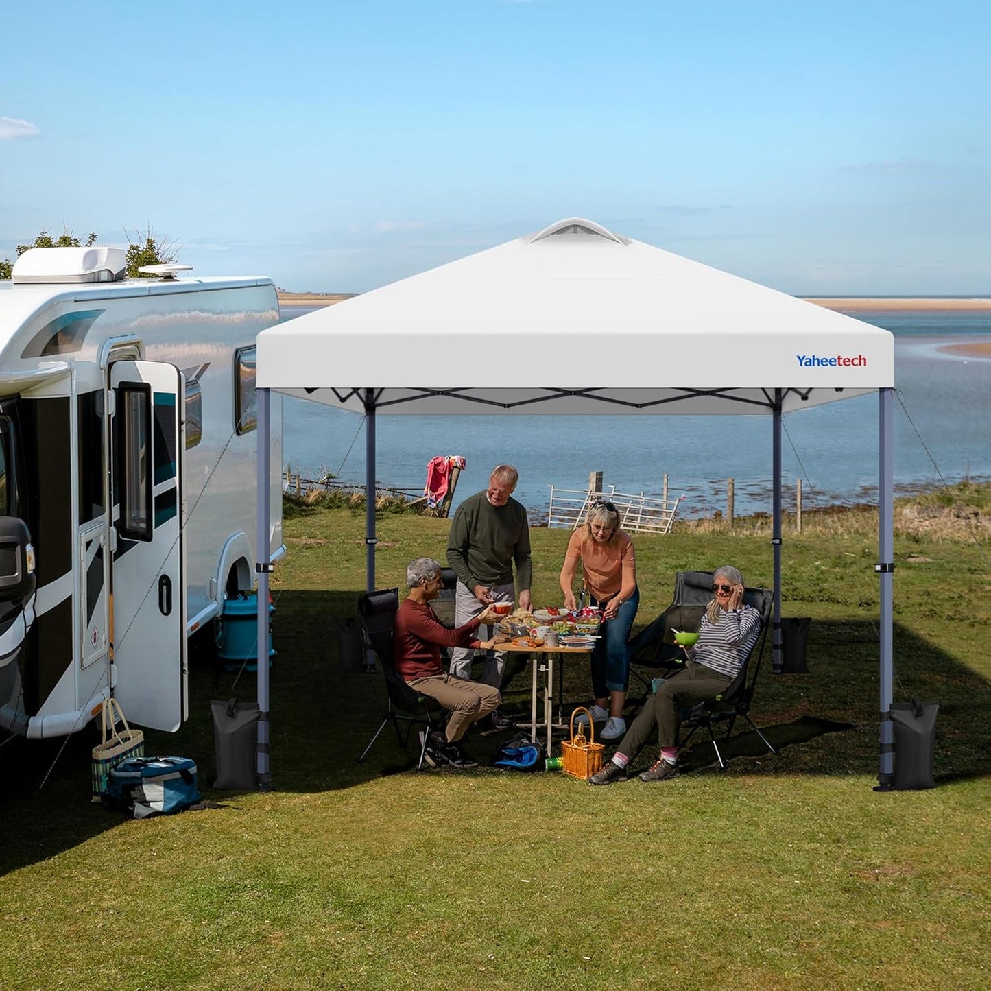 Yaheetech 10x10 Pop-up Canopy Tent w/ 2 Integrated Wheels for Mobility, Waterpoof & Heavy Duty, Instant Sun Shelter with Carry Bag, Weight Bags for Outdoor Camping Beach Patio Parties, White