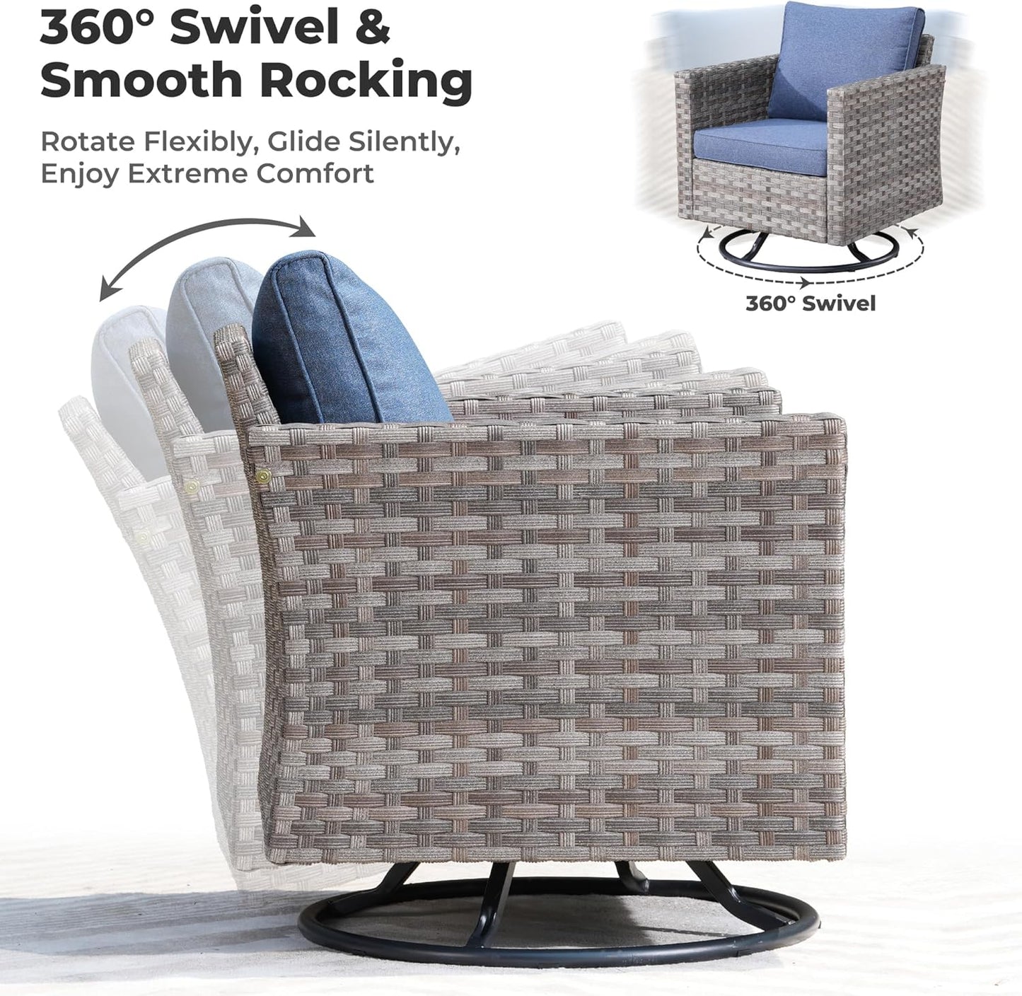 ovios 10 Pieces Patio Furniture Set, Outdoor Wicker Sectional Sofa with 54" Fire Pit Table Swivel Chairs, Modern Modular Deep Seat Rattan Couch Conversation Sets, Denim Blue