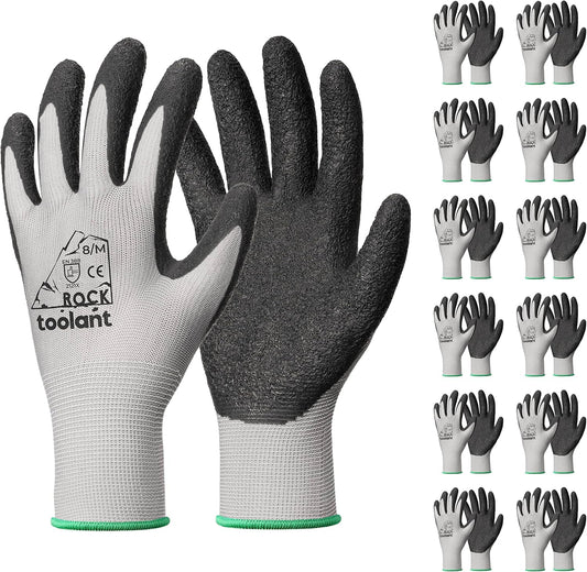 toolant Crinkle Latex Work Gloves Bulk, Rubber Coated Safety Work Gloves for Men and Women, 12 Pairs for Construction, Gardening, Warehouse (Gray, Medium)