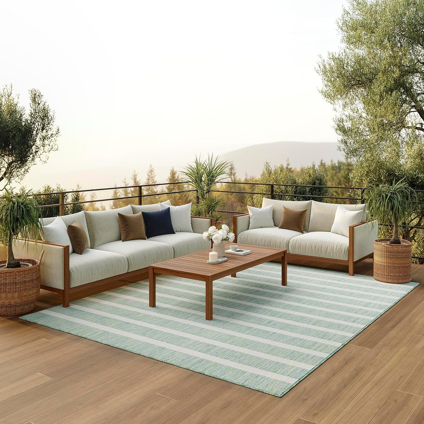 Nourison Home Positano Indoor/Outdoor Blue Green Ivory 6' x 9' Area Rug, Easy Cleaning, Non Shedding, Bed Room, Living Room, Dining Room, Deck, Backyard, Patio (6x9)