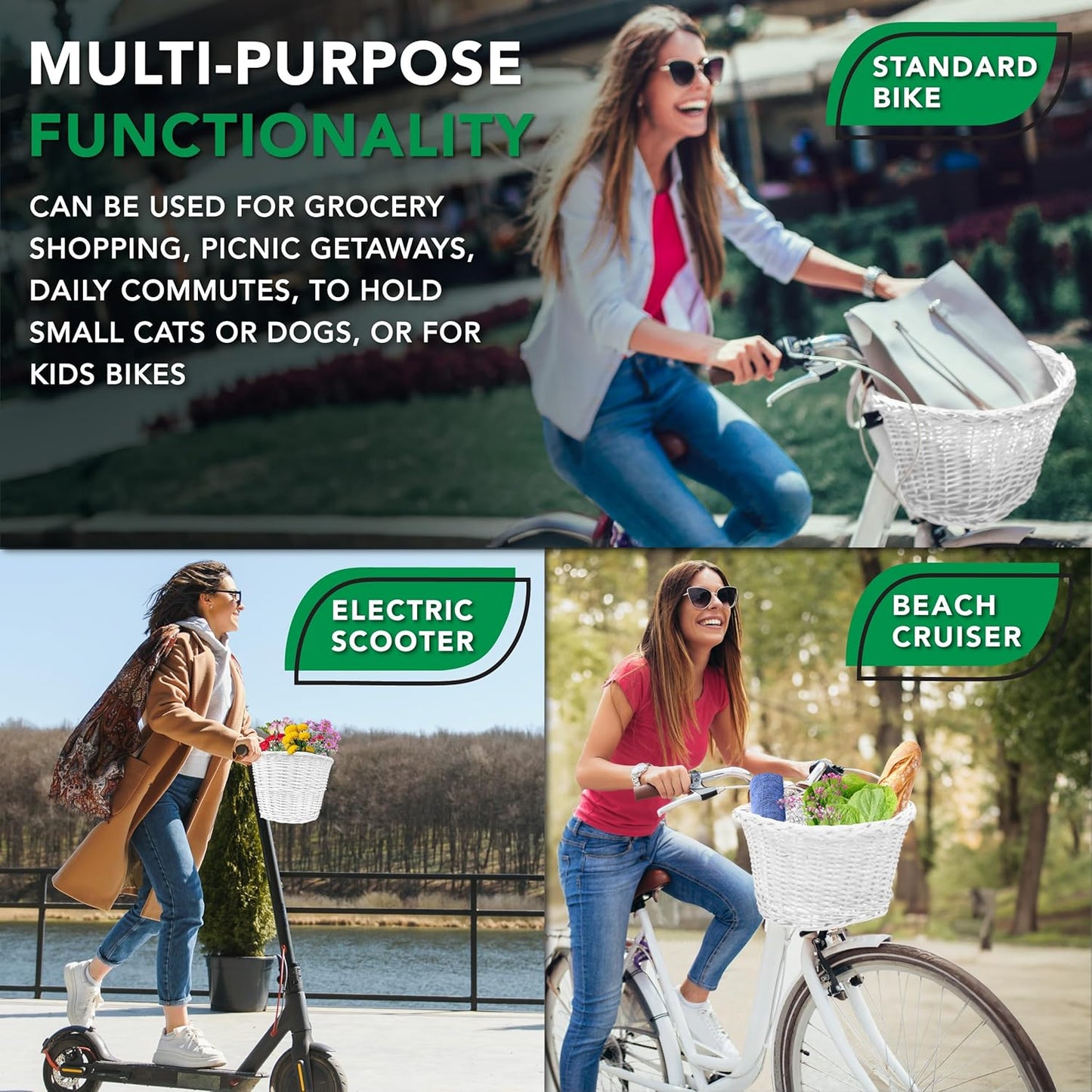 ProSource Wicker Bike Basket Front Cargo for Women and Men, Fits Most Bikes, Beach Cruiser, Stationary Bike, Ebike, Road Bike, White