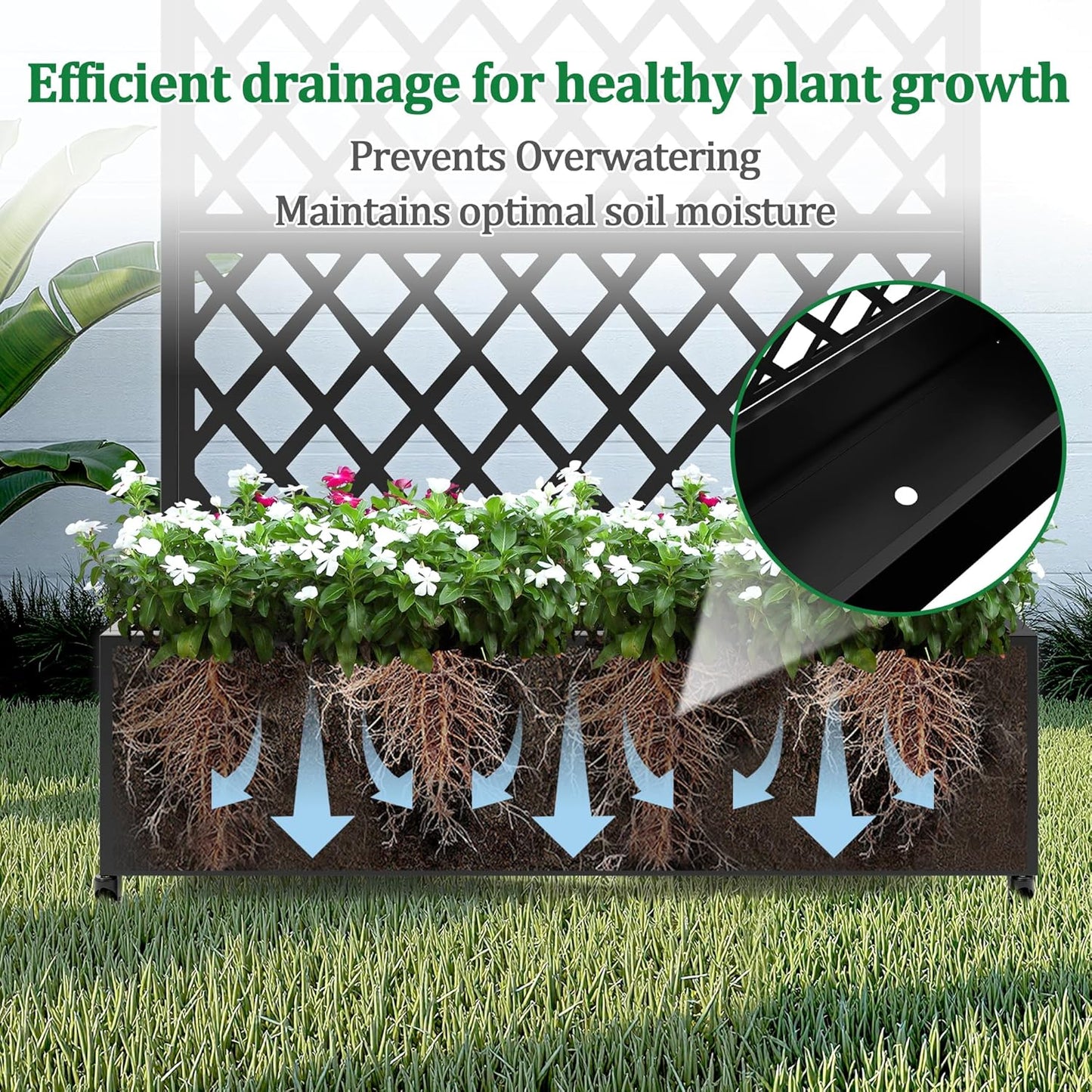 Metal Raised Garden Bed with Trellis and Wheels, 2 in 1 Trellis with Planter Box & Privacy Screen for Climbing Plants, Outdoor Standing Flower Beds with Drainage Holes, 35.4"L x 15.7"W x 70.9"H, Black