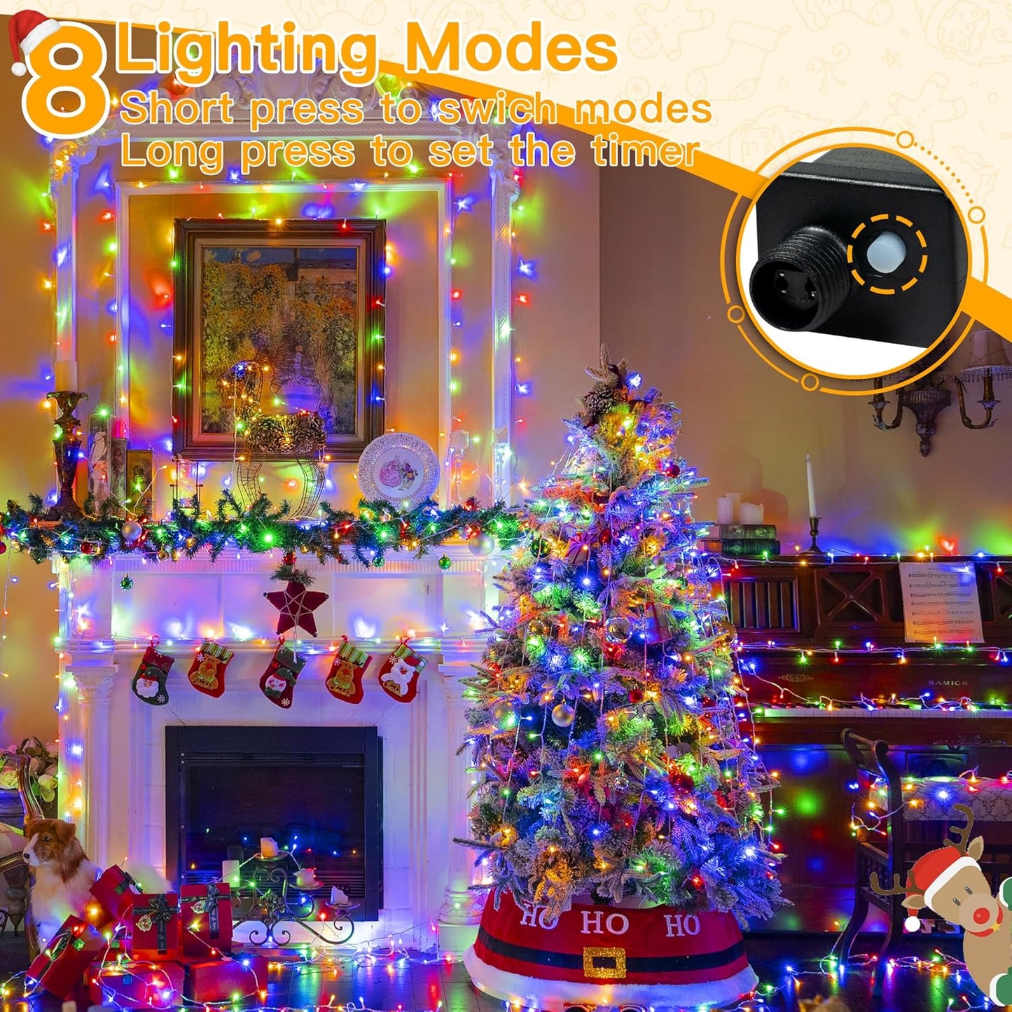 Ollny String Lights Indoor 200LED 60FT, Multicolor Connectable Plug in LED Outdoor Light, 8 Modes Waterproof Timer Christmas Lights for Outside Bedroom House Party Wedding Camping