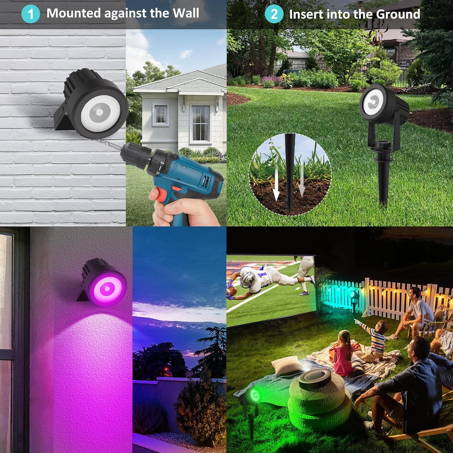T-SUNUS Halloween Color Changing Solar Landscape Spotlights 2 Pack, IP65 Waterproof Christmas Lights 9.8ft Cable, Outdoor RGB Spot Light Separated Panel for Flag Tree Yard Garden Driveway Walkway Pond