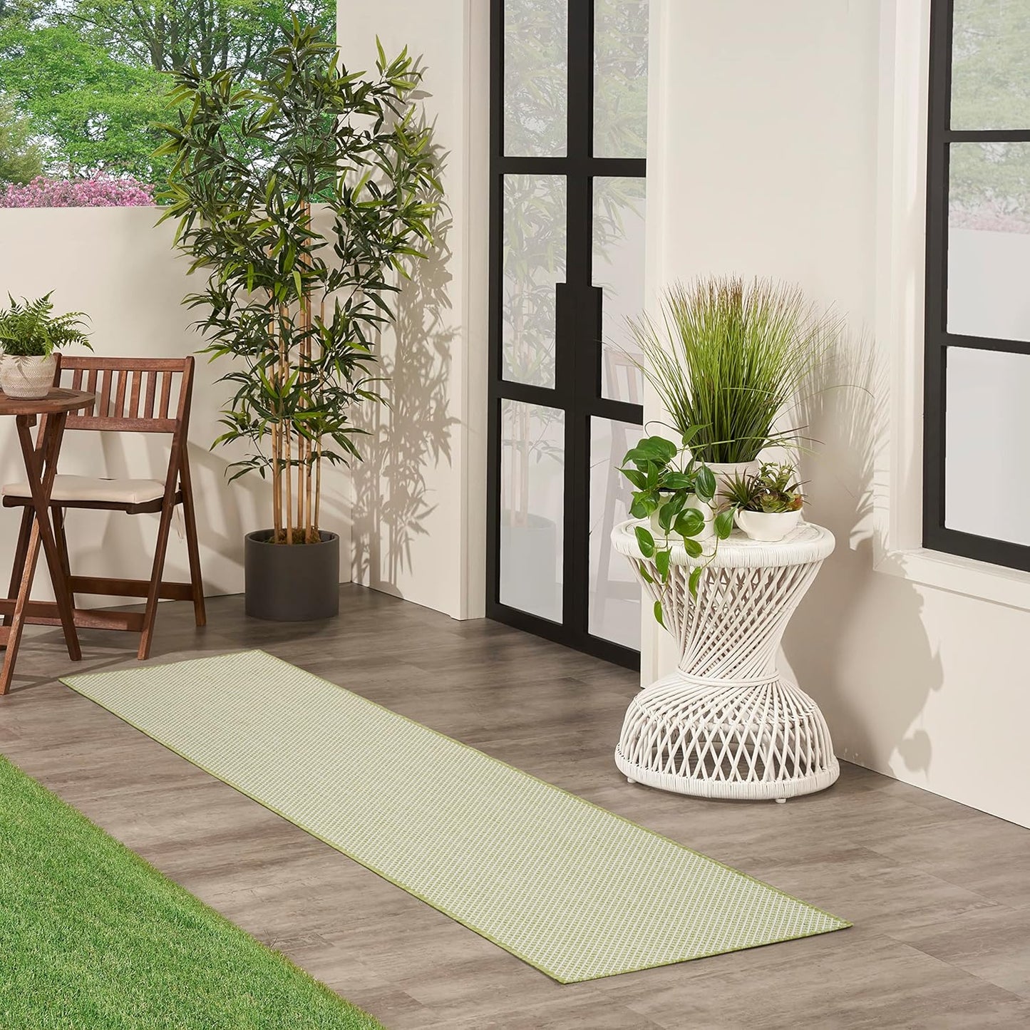 Nourison Home Courtyard Indoor/Outdoor Ivory Green 2'2" x 10' Area Rug, Easy Cleaning, Non Shedding, Bed Room, Living Room, Dining Room, Backyard, Deck, Patio (2x10)