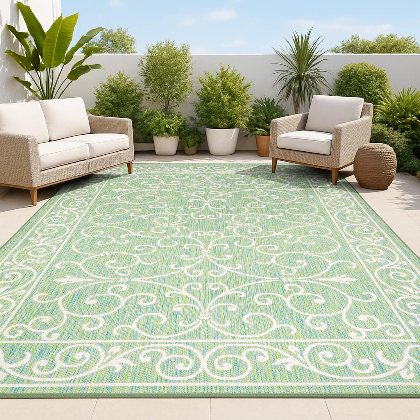 JONATHAN Y SMB106K-5 Charleston Vintage Filigree Textured Weave Indoor Outdoor Area Rug, Classic Traditional Easy-Cleaning,Bedroom,Kitchen,Backyard,Patio,Non Shedding, 5 X 8, Green/Ivory