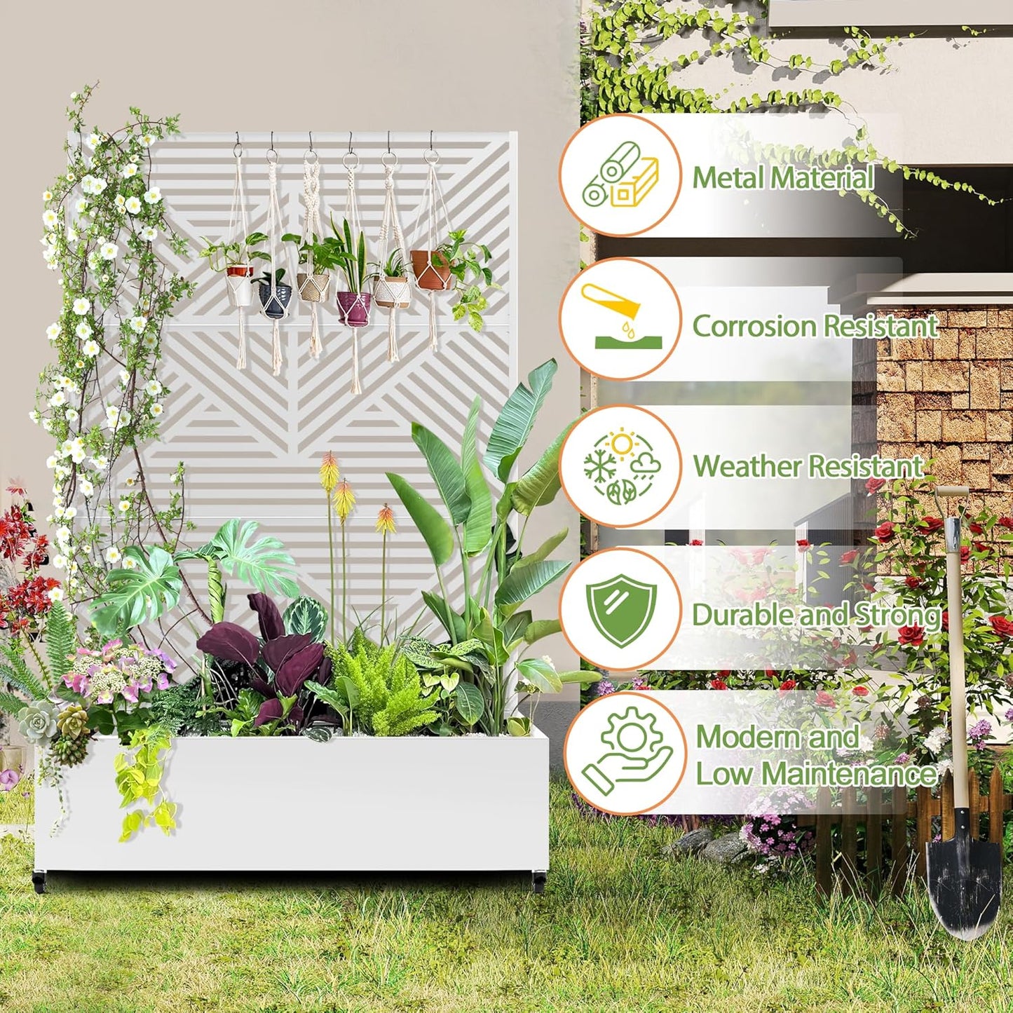 Raised Garden Bed with Trellis and Wheels,73"x47"x16" Metal Raised Garden Bed,White Diamond Metal Planter with Climbing Trellis for Vines & Vegetables