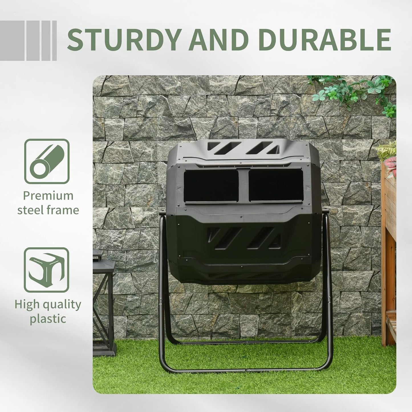 Compost Bin Outdoor, 43 Gallon Dual Chamber Tumbling Composting with Sliding Doors, Large Compost Tumbler, Compost Bin for Garden, Kitchen, and Yard Waste, Black