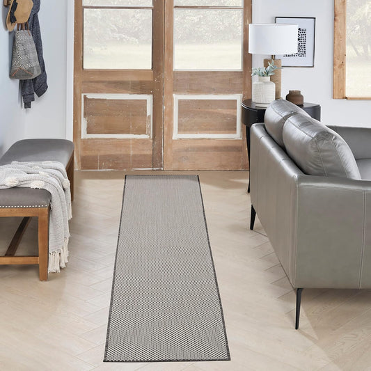 Nourison Home Courtyard 8' Runner Ivory Charcoal Fabric Modern Area Rug (8' Runner)