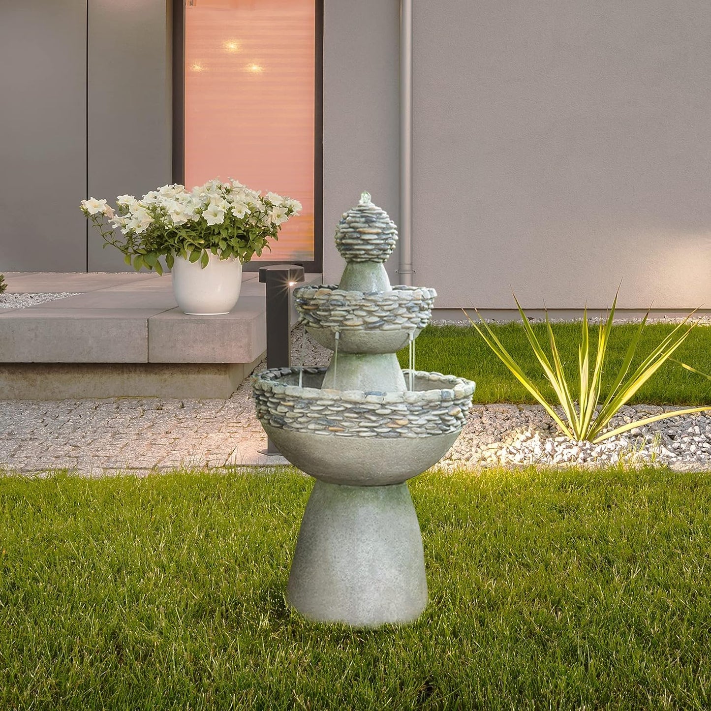Teamson Home 36.5 in. Outdoor 3-Tier Zen-Style Pedestal Water Fountain in. with Stone Trim with Pump and 2.64 Gallon Capacity, Stone Gray