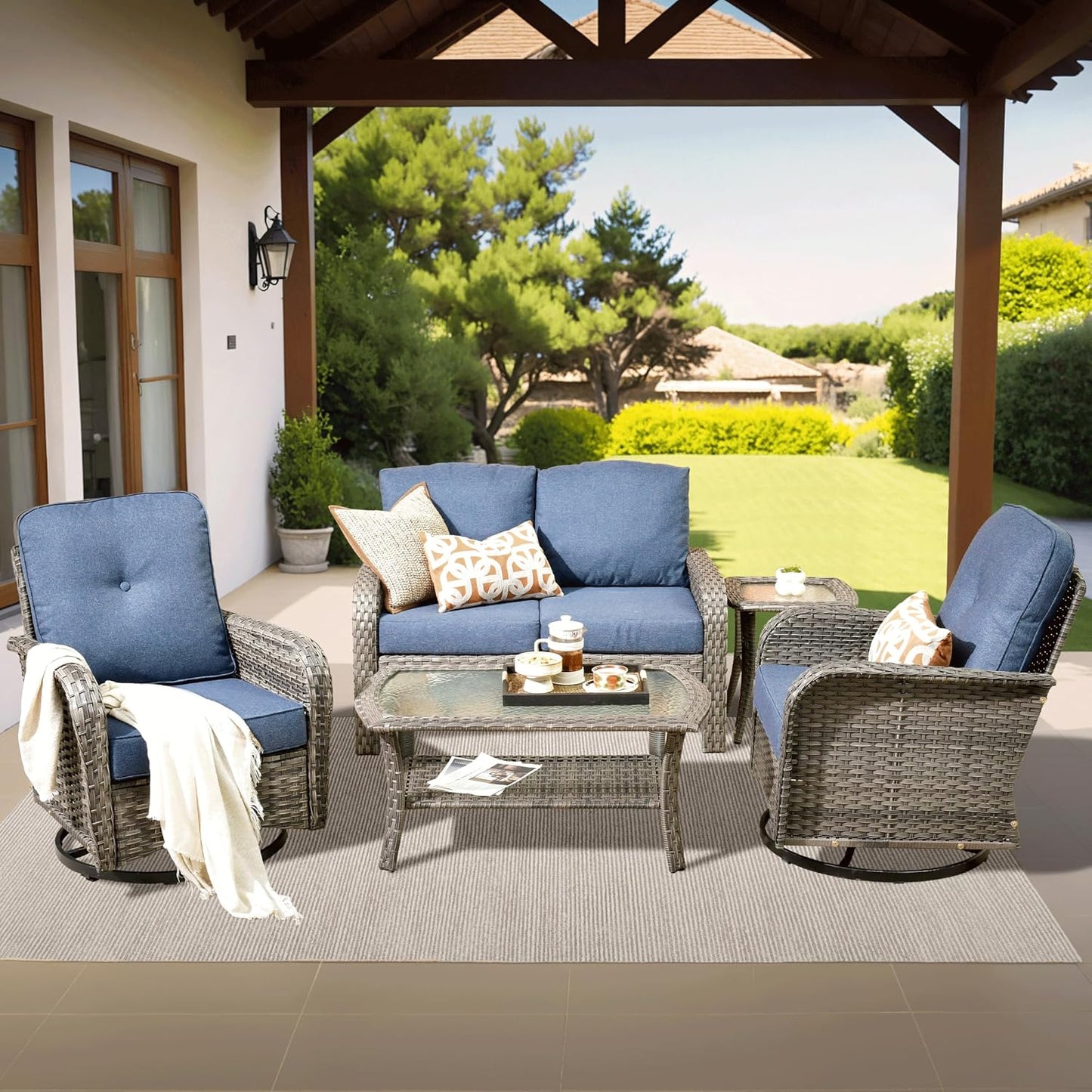 ovios 5 Pieces Patio Furniture Set, Outdoor Wicker Sofa with Swivel Chairs, Coffee Table, All Weather High Back Rattan Loveseat Couch with Comfy Cushions, Denim Blue