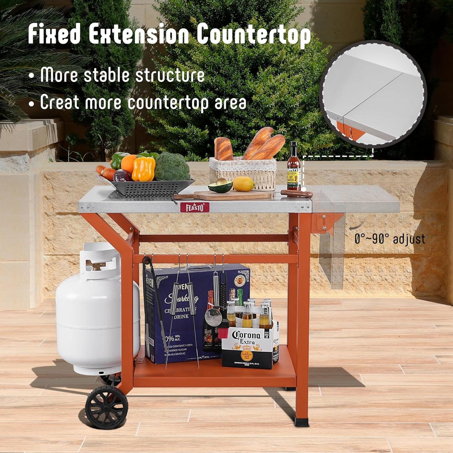 Outdoor Grill Table, 40’’x20’’ Movable Pizza Oven Stand for Outdoor BBQ Food Prep, Stainless Steel Countertop Grill Cart with Storage Shelf & Foldable Extension Table, 6 Extra Hooks