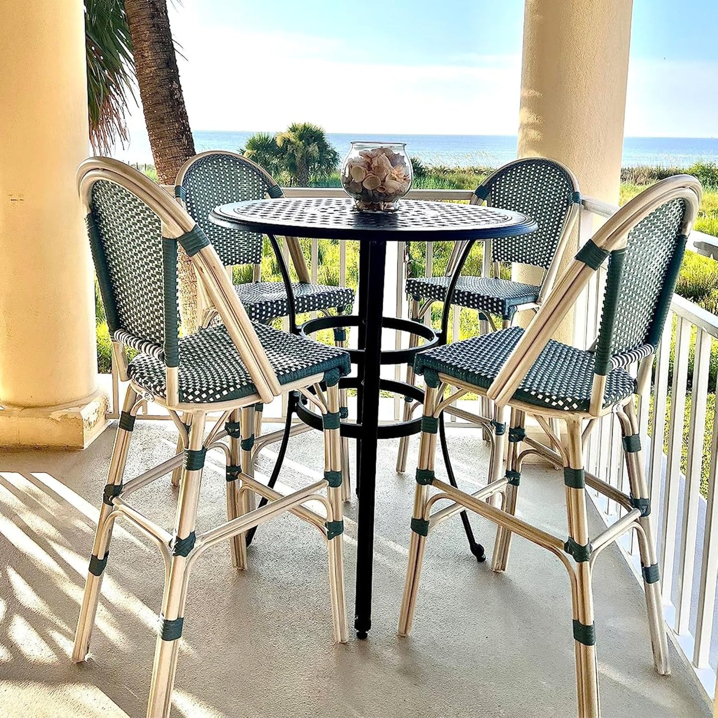 PURPLE LEAF French Bar Stool Set of 4 White Print Finish Patio Bar Stools with Back Rattan Bar Chairs Wicker Bar Height Stool 30" with Footrest Kitchen Island Stools Outdoor Barstool Light Blue