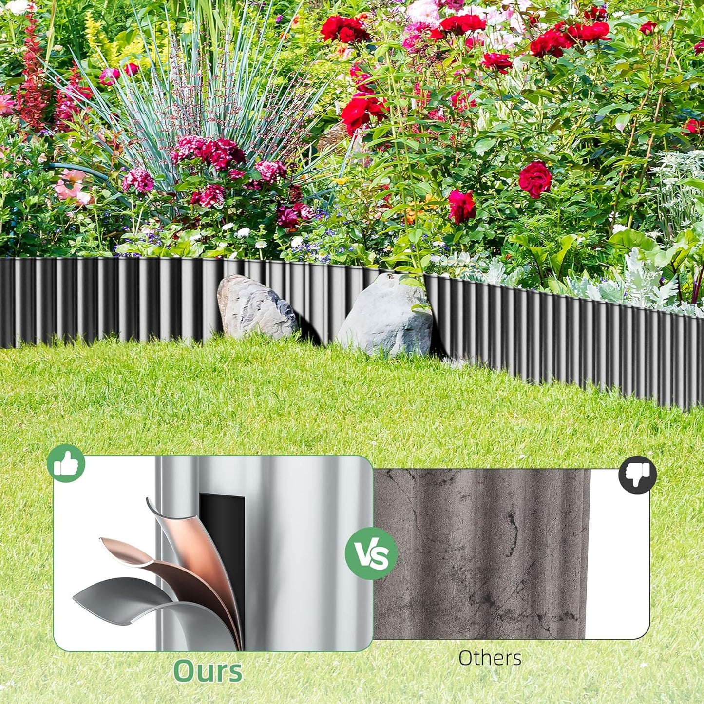 Corrugated Metal Garden Edging, 5''×50Ft Steel Landscape Edging Border, Flower Bed Edging Borders, Metal Lawn Edging for Landscaping, Garden, Pathway, Lawn, Flower Bed, Garden Fence (Silver)