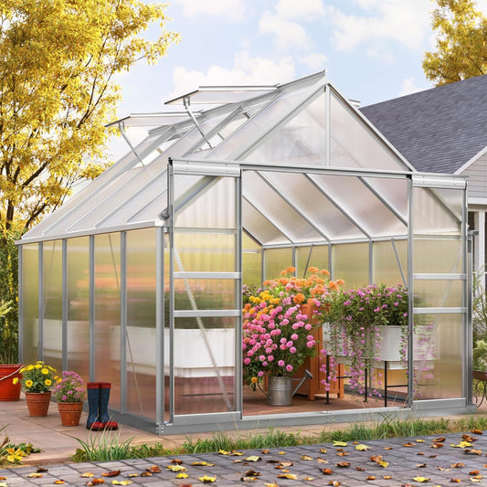YITAHOME 10x8FT Polycarbonate Greenhouse Large Heavy Duty Green Houses Outdoor Aluminum Greenhouses with Sliding Doors Vent Window Walk-in Greenhouse for Garden Backyard, Matte Silver
