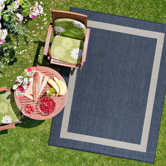 CAMILSON Outdoor Rug 8x10, Modern Outside Rugs for Patios Porches Waterproof Durable Washable Non-Shedding, Easy-to-Clean Indoor Outdoor Area Carpet (8 x 10, Bordered - Blue/White)