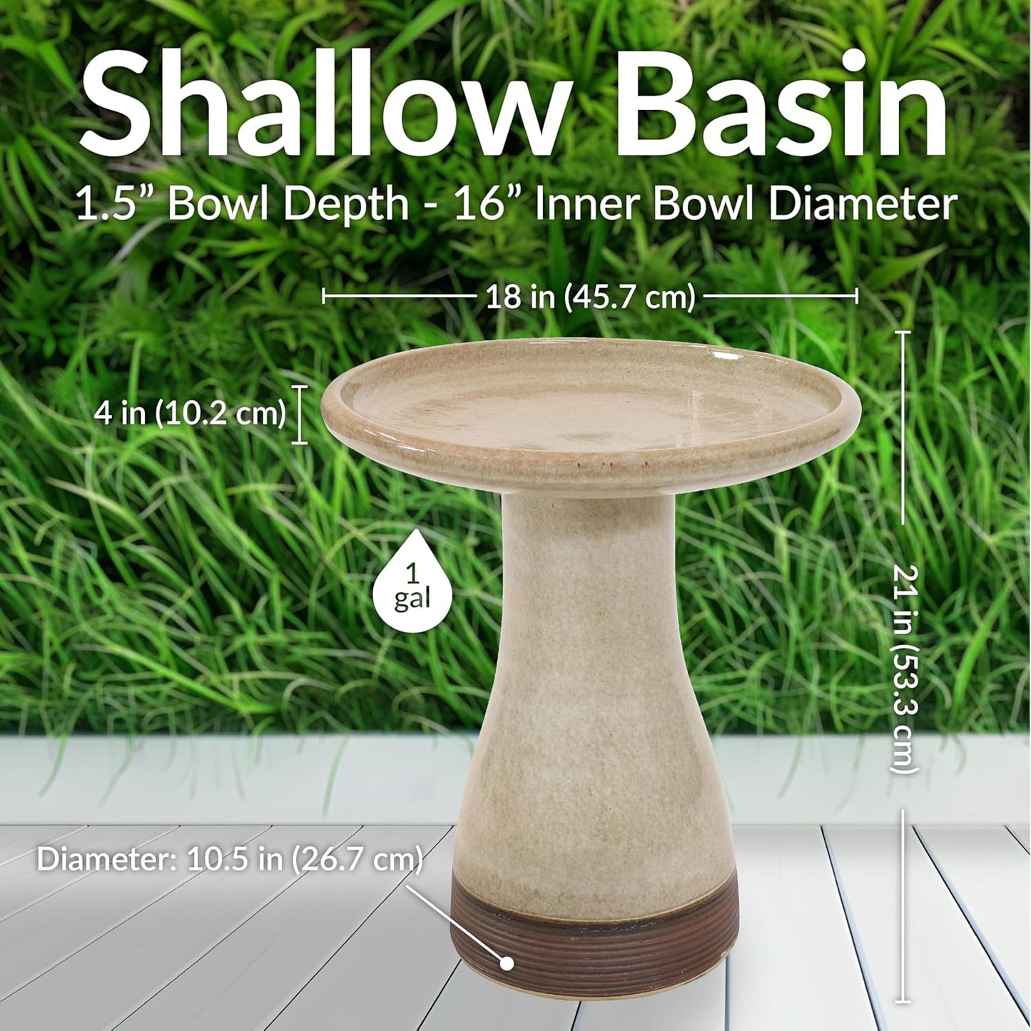 Sunnydaze 21" H Ceramic Bird Bath for Outside - Hand-Painted Outdoor Bird Bath Bowl, UV/Frost-Resistant Finish - Yam - Ribbed Pedestal