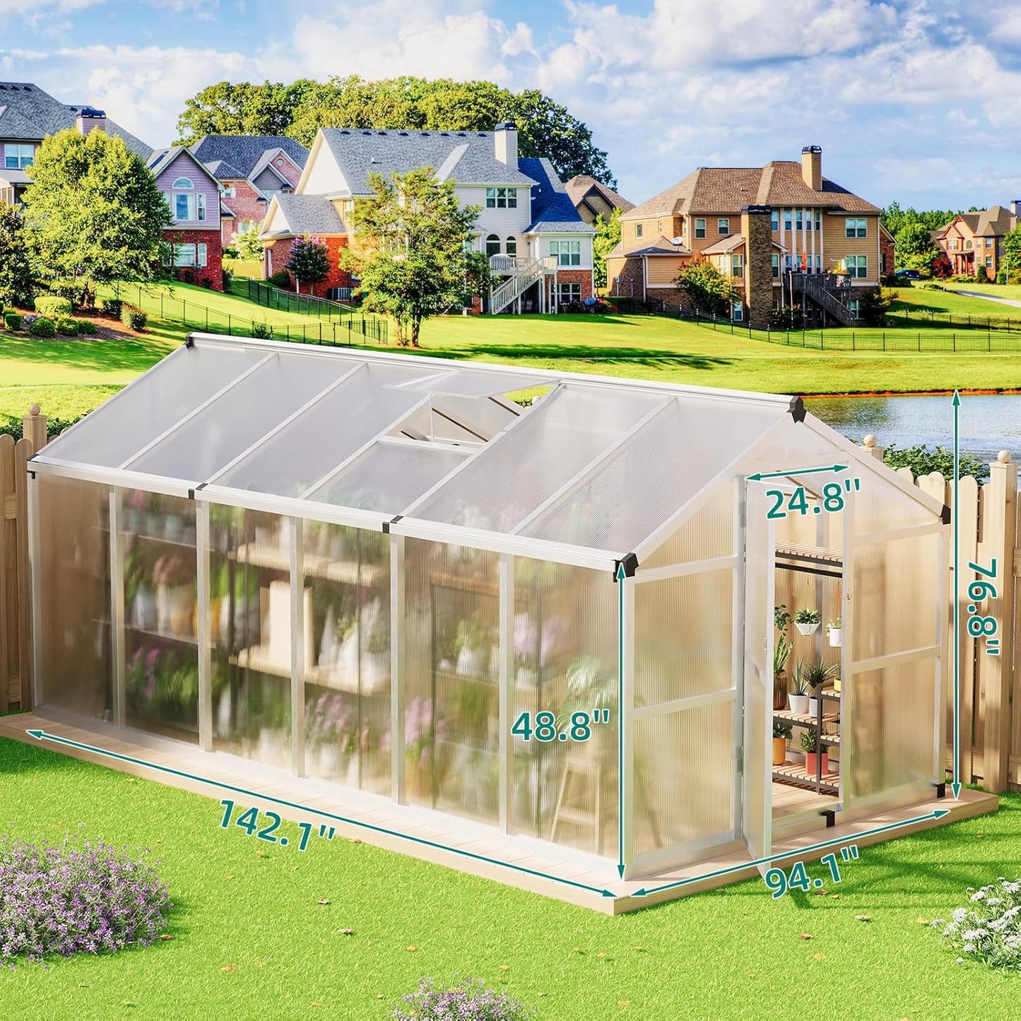 8x12 FT Greenhouse for Outdoors, Large Aluminum Greenhouses with Roof Vent and Quick Setup Structure, Greenhouse Heavy Duty with PC Panels, Walk-in Green Houses for Winter Garden,Backyard,Patio,Lawn