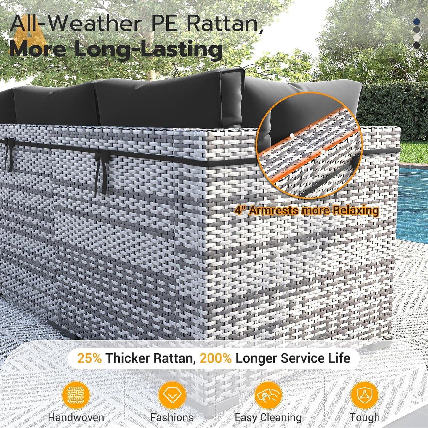 UDPATIO 5 Piece Patio Furniture Set, Outdoor Sectional Modular Sofa with 4'' Thickened Cushions, Wicker Outdoor Furniture Conversation Sets with Waterproof Cover for Backyard Deck(Grey/Black)