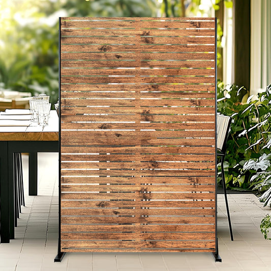 Metal Privacy Screen, 72" H×47" W Outdoor Privacy Screen, Freestanding Decorative Privacy Screen for Deck Balcony Patio, Natural Wood Brown