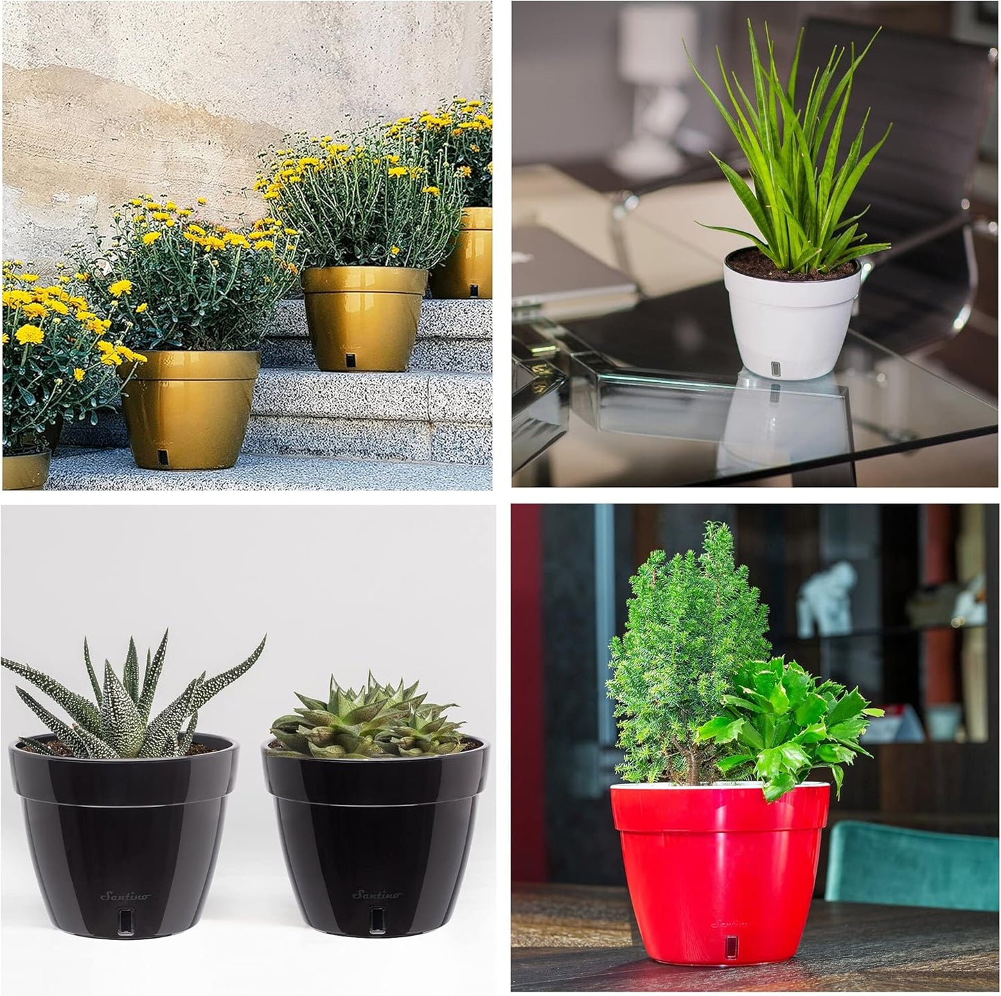 Santino ASTI 9.2 Inch Self Watering Planters Green/Black (Set of 3) for Indoor Plants - Premium Quality Modern Plastic Pot w/Water Level Indicator for All House Plants, African Violets and Dahlias