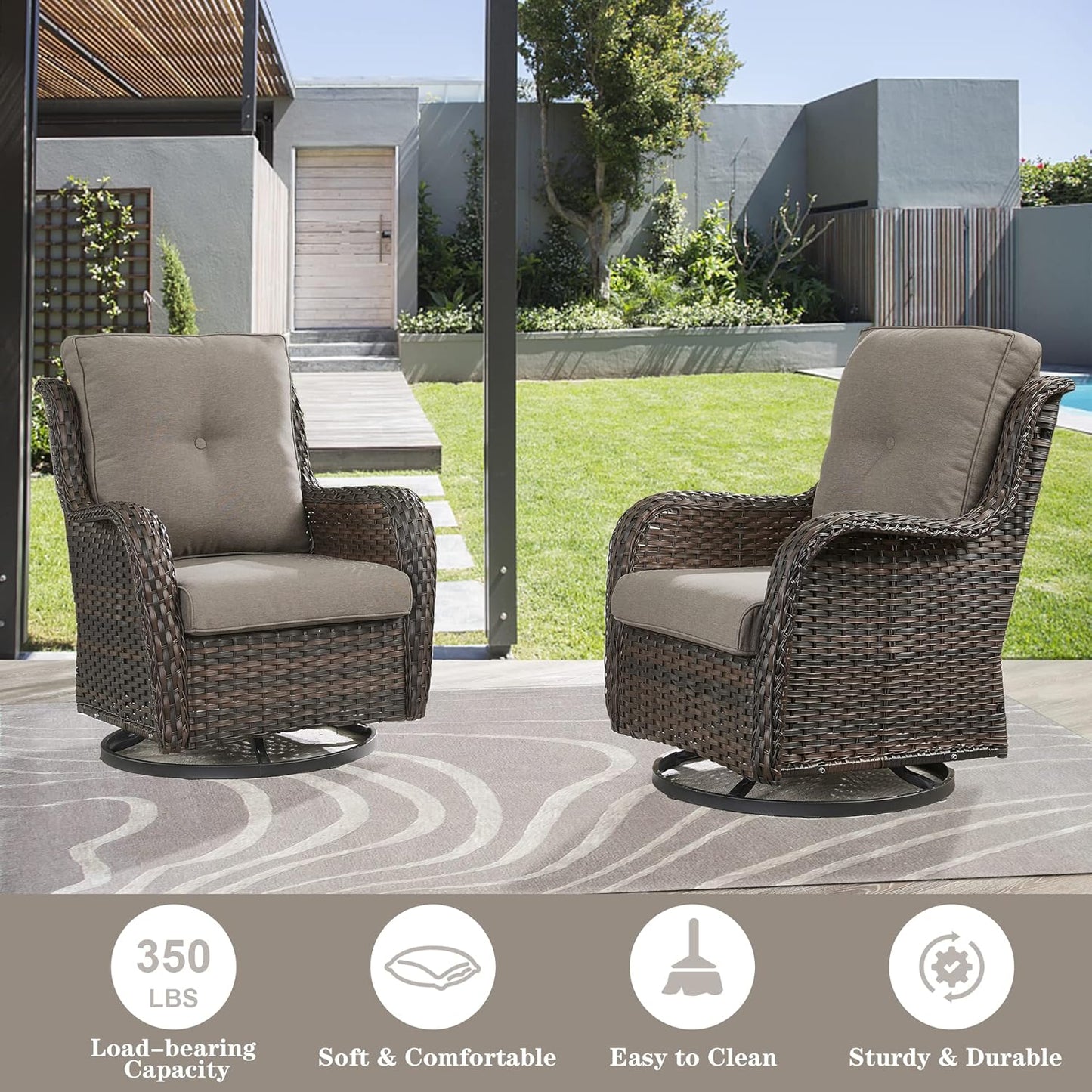 5 Piece Outdoor Patio Furniture Set - Wicker Furniture Patio Conversation Set, Outdoor Swivel Rocker Chairs with 3-Seater Sofa and 2 Ottomans for Small Space, Gray Cushion