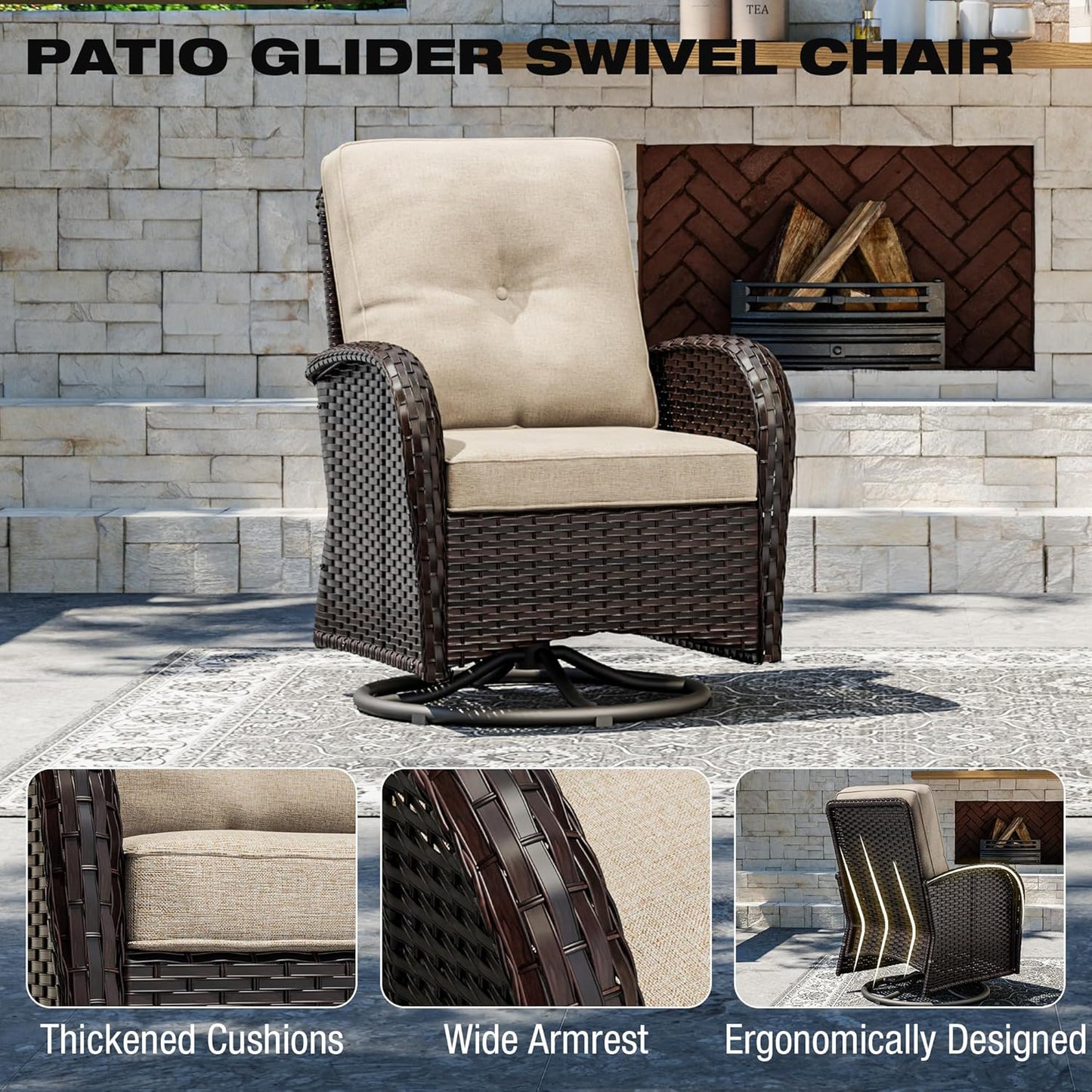 Joyside 6 Piece Patio Furniture Set, Outdoor Wicker Conversation Sets with Swivel Rocker Chairs and Sofa, Thick Cushion, Rattan Patio Sectional for Porch, Deck Use (Brown/Beige, 6 PCS)