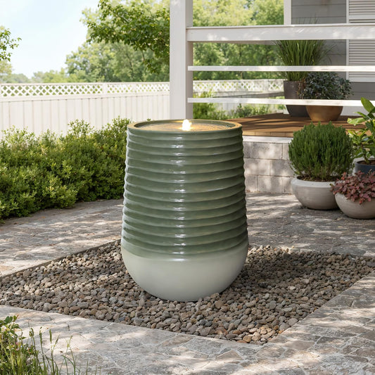 LuxenHome 28" Water Fountain Outdoor with LED Light, Modern Bubbling Garden Water Fountains with Gradient Color, Resin Outdoor Waterfall Fountains with Ceramic Like Glaze for Yard, Patio, and Porch